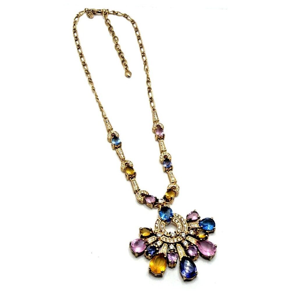 Vintage Rhinestone Amulet Pendant Necklace Multicolor Crystal Gold Tone 17"-20"